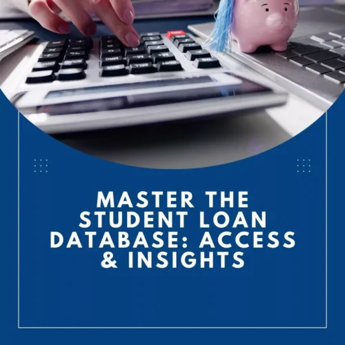 A visual representation of mastering the student loan database, featuring tools like a calculator, piggy bank, and a laptop symbolizing financial management.