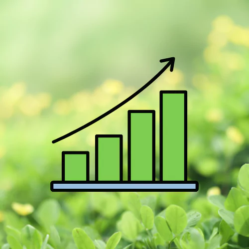 Green bar chart with an upward trend on a natural background, symbolizing ESG growth and sustainability progress.