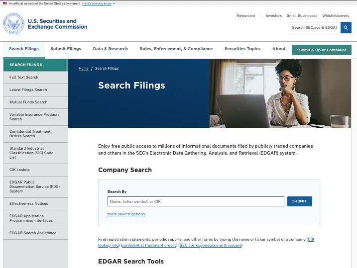 Screenshot of the EDGAR Database search page on the U.S. Securities and Exchange Commission (SEC) website.