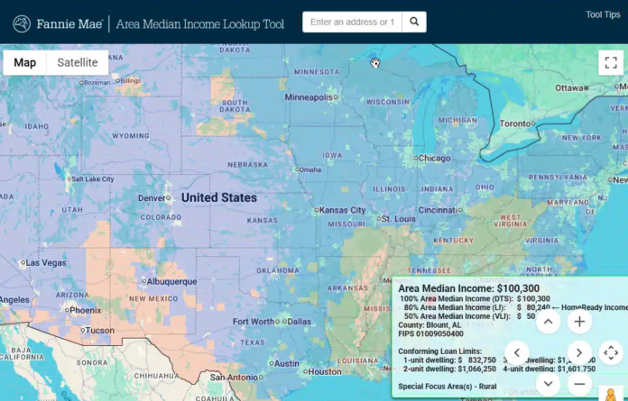 Screenshot of the Fannie Mae AMI Lookup Tool map showing Area Median Income (AMI) data for New York and surrounding regions.
