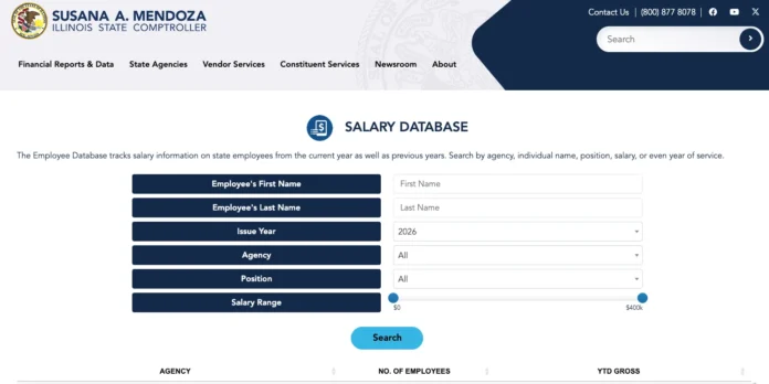 Illinois Salary Database search interface showing filters for employee name, issue year, agency, position, and salary range on the Illinois Comptroller website