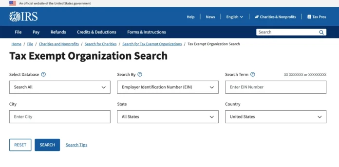 IRS Database Tax Exempt Organization Search interface showing search fields for EIN, organization name, city, state, and country