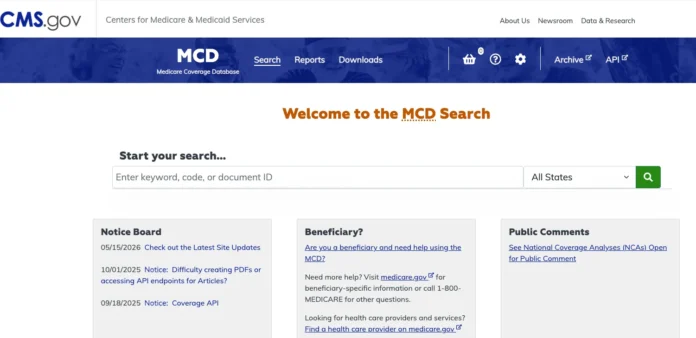 Medicare Coverage Database MCD search interface showing keyword, code, and document ID search with state filter on CMS.gov