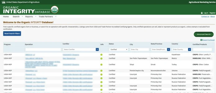 USDA Organic Integrity Database search results showing certified organic operations by program, certifier, status, city, state, and certified products