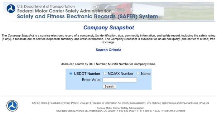 Screenshot of the FMCSA SAFER System’s Company Snapshot page, part of the U.S. DOT Lookup database used to view trucking company safety and compliance records.