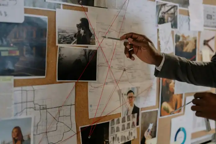 Investigation board with maps and photos – Allentown Crime Database illustration
