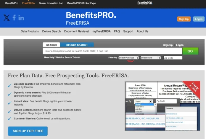 FreeERISA search interface showing Form 5500 lookup by company name, plan type, state, and ZIP code