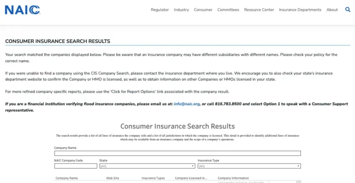 Screenshot of the NAIC Consumer Insurance Search page showing how users can verify licensed insurance companies and view regulatory details.