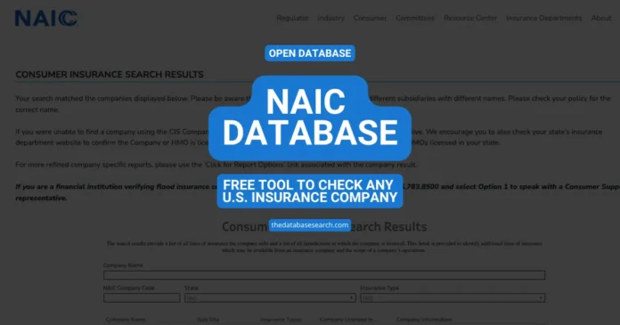 Screenshot of the NAIC Database search page showing the Consumer Insurance Search Results interface — a free online tool to verify any U.S. insurance company’s licensing and regulatory status.