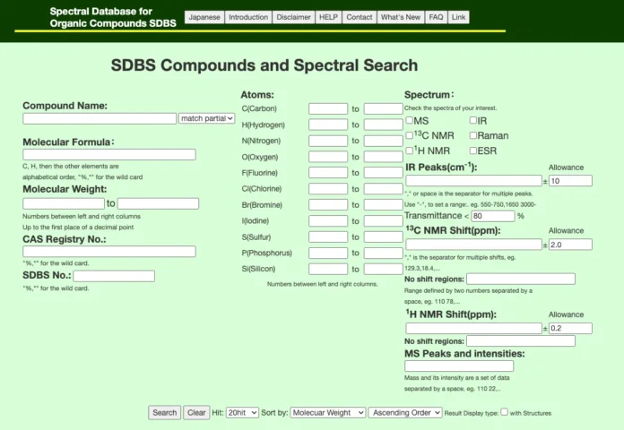 SDBS organic spectral database search interface showing compound name, molecular formula, CAS number, and spectrum type fields including MS, IR, NMR, and Raman