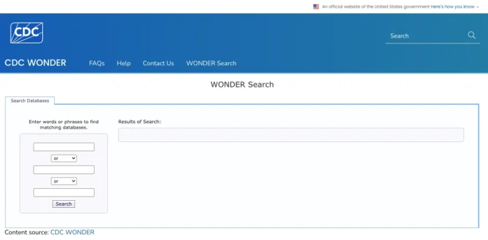 CDC WONDER database search interface showing the WONDER Search tool for finding public health datasets by keyword