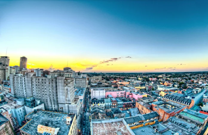 Panoramic view of downtown New Orleans at sunset, representing Louisiana’s economic landscape—Louisiana Business Entity Search context.