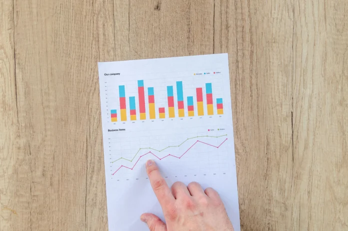 Hand pointing to printed business charts with bar and line graphs, illustrating data review related to the New Jersey Business Entity Search.