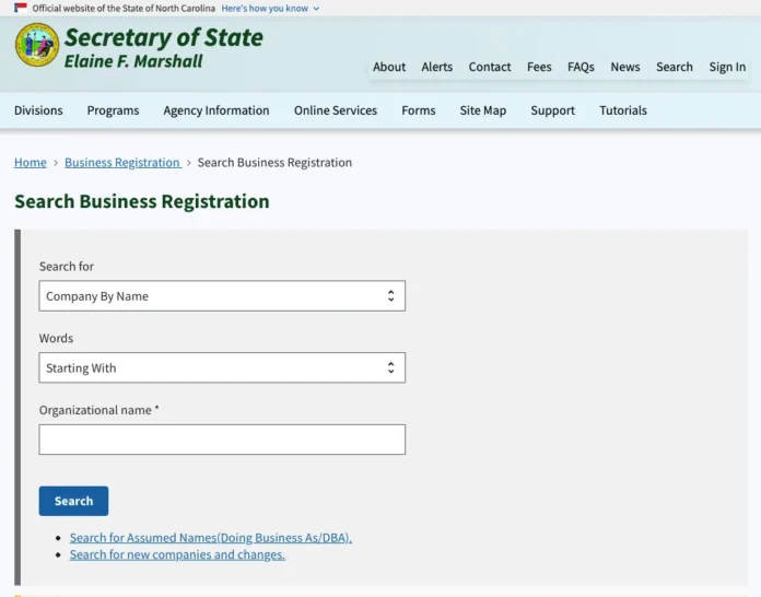 North Carolina Business Entity Search interface on the Secretary of State website showing search fields for company name and organizational name