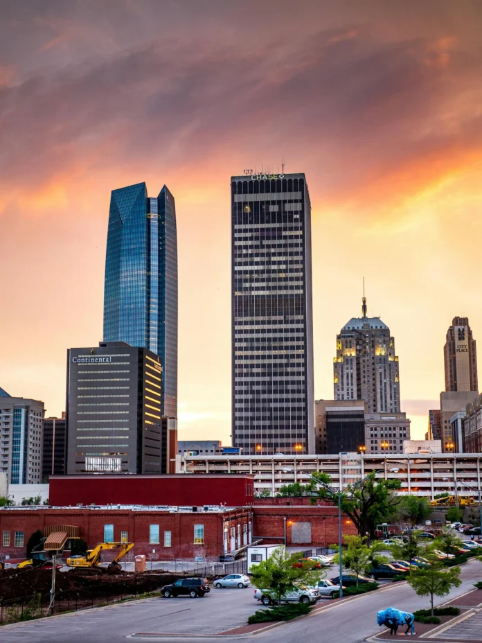 Downtown Oklahoma City skyline at sunset, representing the local business environment and the scope of the Oklahoma Business Entity Search.