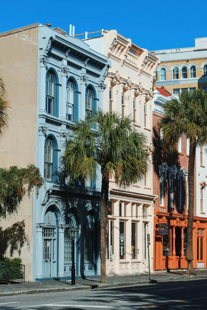Colorful historic buildings with palm trees in Charleston, South Carolina, representing the local economy and used as cover for the South Carolina Business Entity Search guide.