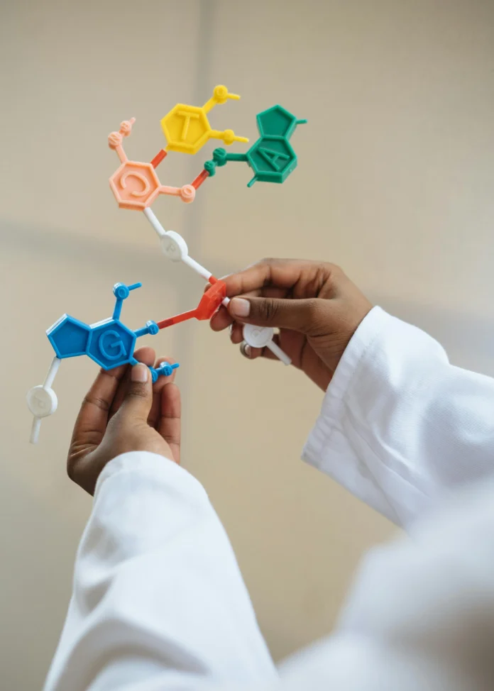 Molecular Glue Database illustration showing a researcher holding a colorful molecular model to represent protein–ligase interactions in drug discovery.