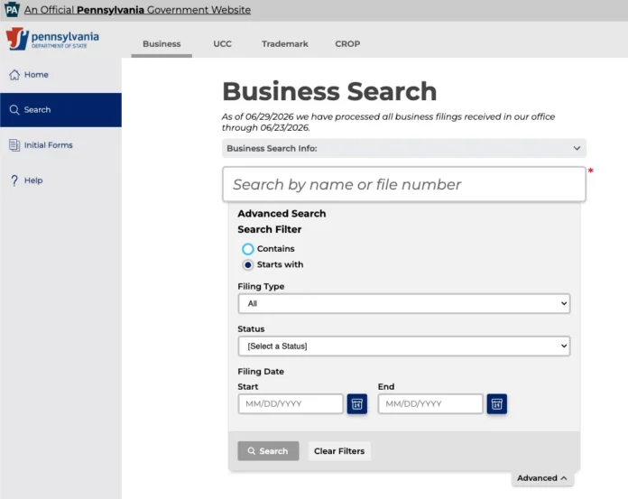 Pennsylvania Business Entity Search interface showing business name search with advanced filters for filing type, status, and date range on the PA Department of State website
