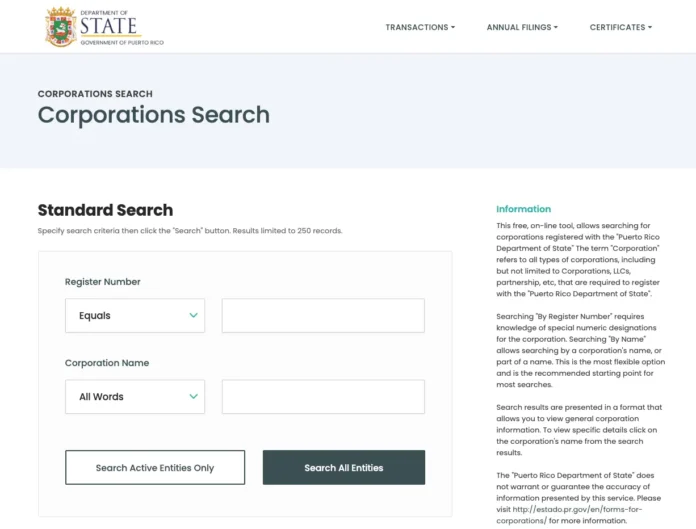 Puerto Rico Business Entity Search interface showing the Corporations Search form with register number and corporation name fields on the PR Department of State website