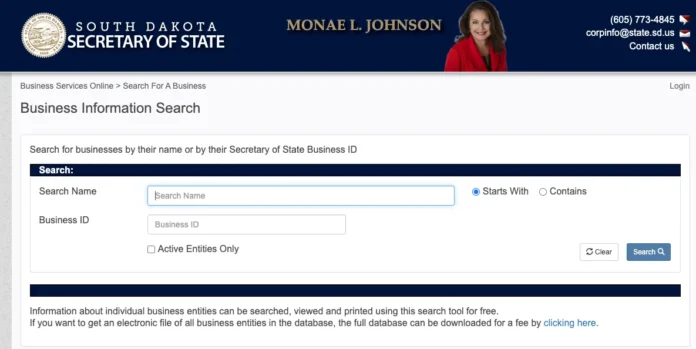 South Dakota Business Entity Search interface showing search fields for business name and Business ID with Active Entities Only filter on the SD Secretary of State website