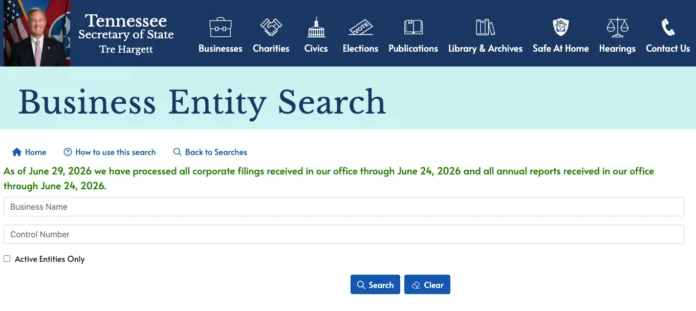 Tennessee Business Entity Search interface showing business name and control number search fields with Active Entities Only filter on the TN Secretary of State website
