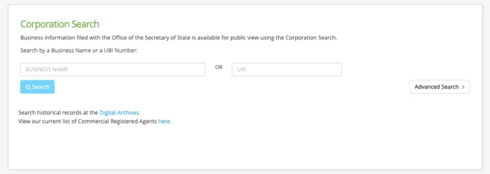 Washington Business Entity Search Corporation Search interface showing business name and UBI number search fields with Advanced Search option on the WA Secretary of State website