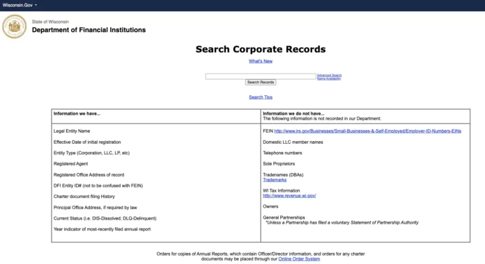 Wisconsin Business Entity Search interface on the DFI website showing corporate records search with information available and not available fields including legal entity name, registered agent, and entity status