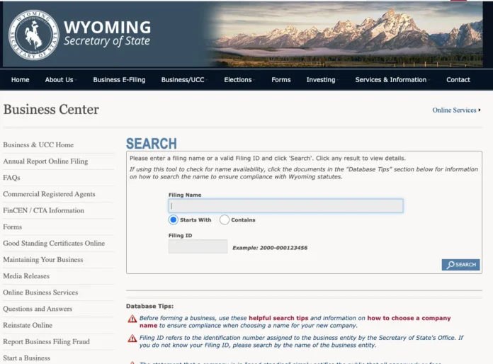 Wyoming Business Entity Search interface showing filing name and Filing ID search fields with Starts With and Contains filter options on the WY Secretary of State website