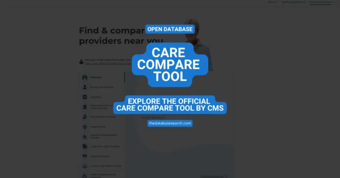 Official Care Compare Tool homepage by CMS, showing search options for comparing nursing homes, hospitals, and healthcare providers across the U.S.