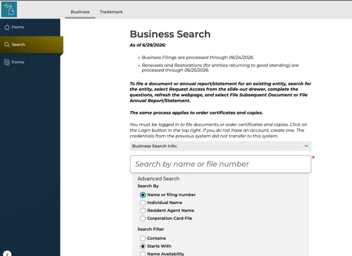 Michigan Business Entity Search interface on LARA showing search by name or file number with advanced search options including resident agent and corporation card file