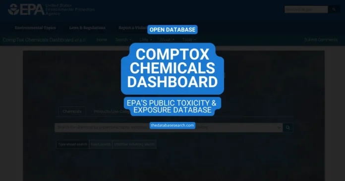 CompTox Chemicals Dashboard cover image showing the EPA interface with highlighted labels referencing EPA’s public toxicity and exposure database.