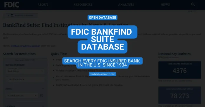 FDIC BankFind Suite database interface showing search options to explore FDIC-insured banks across the United States since 1934.