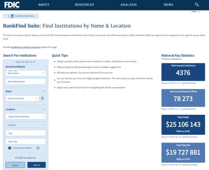 FDIC BankFind Suite search interface showing filters for bank name, status, and location with national statistics on insured institutions in the United States.