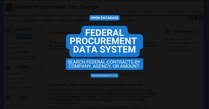 Screenshot of the Federal Procurement Data System (FPDS) homepage with overlay text reading “Search federal contracts by company, agency, or amount.”