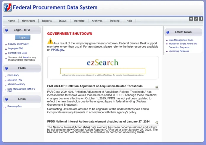 Screenshot of the official Federal Procurement Data System (FPDS) website homepage, showing the ezSearch interface and a government shutdown notice.