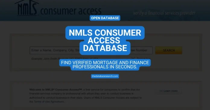 Screenshot of the NMLS Consumer Access database homepage showing the search interface for verifying licensed mortgage and finance professionals.
