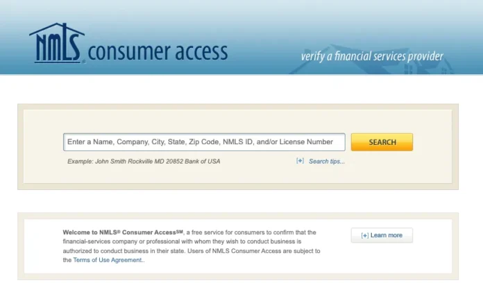 Screenshot of the NMLS Consumer Access database homepage showing the search interface for verifying licensed mortgage lenders and financial professionals in the United States.