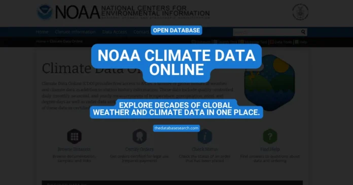 Screenshot of the NOAA Climate Data Online homepage, showing the official interface for accessing global weather and climate datasets from the National Centers for Environmental Information.