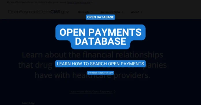 Open Payments Database cover image showing a blue header label, a large title banner, and a call-to-action button on a dark background.
