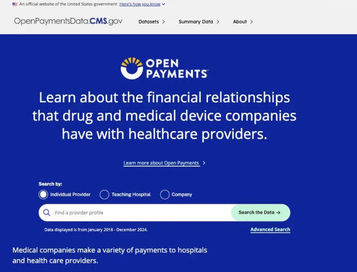 Open Payments Database homepage showing the CMS search interface with provider, hospital, and company lookup options.