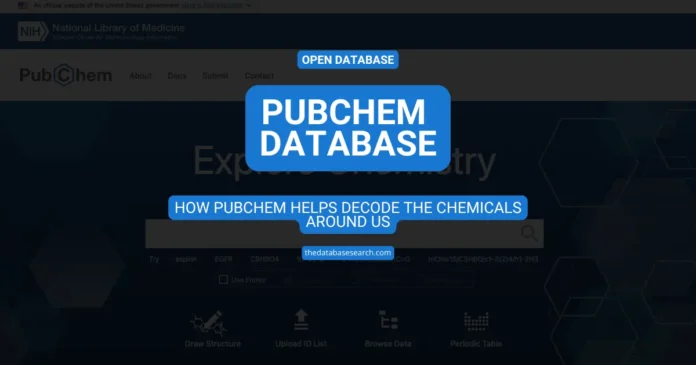 Homepage screenshot of the PubChem database with an overlay title and tagline explaining how PubChem helps decode chemical information.