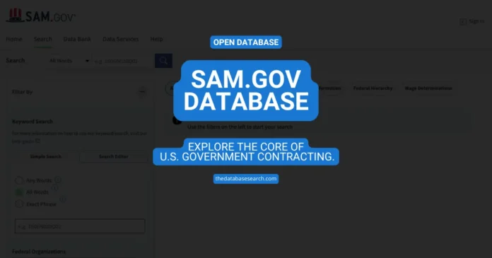 SAM gov database search interface showing the official U.S. government contracting portal with simple and advanced search filters.