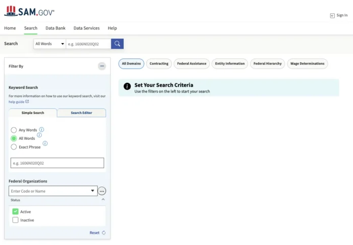 SAM gov database simple search interface showing keyword and status filters on the official U.S. government contracting portal.