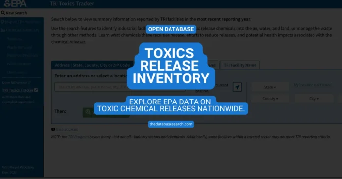 Screenshot of the EPA’s Toxics Release Inventory (TRI) Toxics Tracker interface showing the national database search tool used to locate U.S. facilities reporting toxic chemical releases.