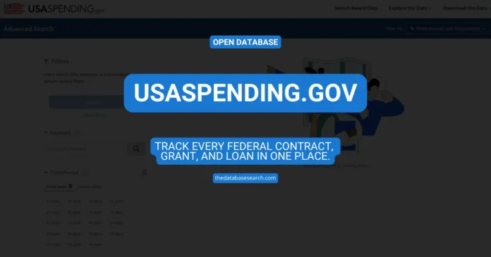 Screenshot of the USAspending.gov advanced search interface showing keyword and filter options used to explore federal spending data by agency, recipient, and award type.