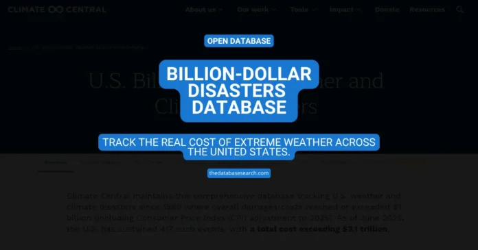 Billion-Dollar Disasters Database interface showing the Climate Central overview page with the database navigation menu highlighted.