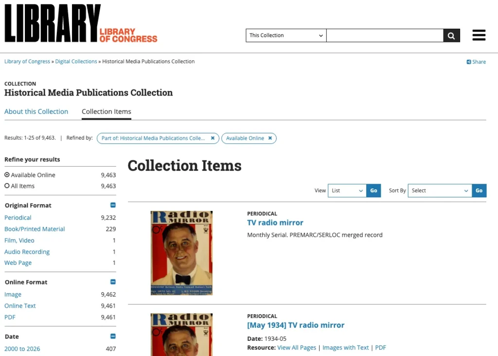 The Library of Congress film magazines interface showing the Historical Media Publications Collection list view, including periodical covers and search refinement options.