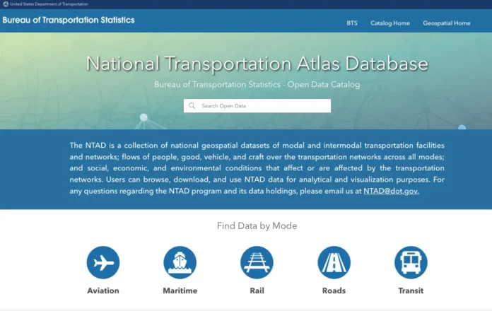 National Transportation Atlas Database homepage showing the BTS GeoData search interface and transportation mode icons.