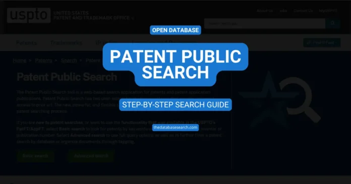Cover image showing the USPTO Patent Public Search homepage with an overlaid “Patent Public Search” title banner and navigation labels, illustrating access to the USPTO’s online patent database.