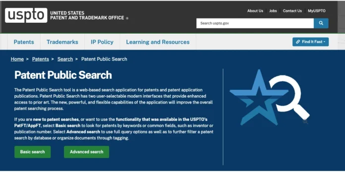 Screenshot of the USPTO Patent Public Search homepage showing navigation menus, database introduction text, and options for Basic Search and Advanced Search.